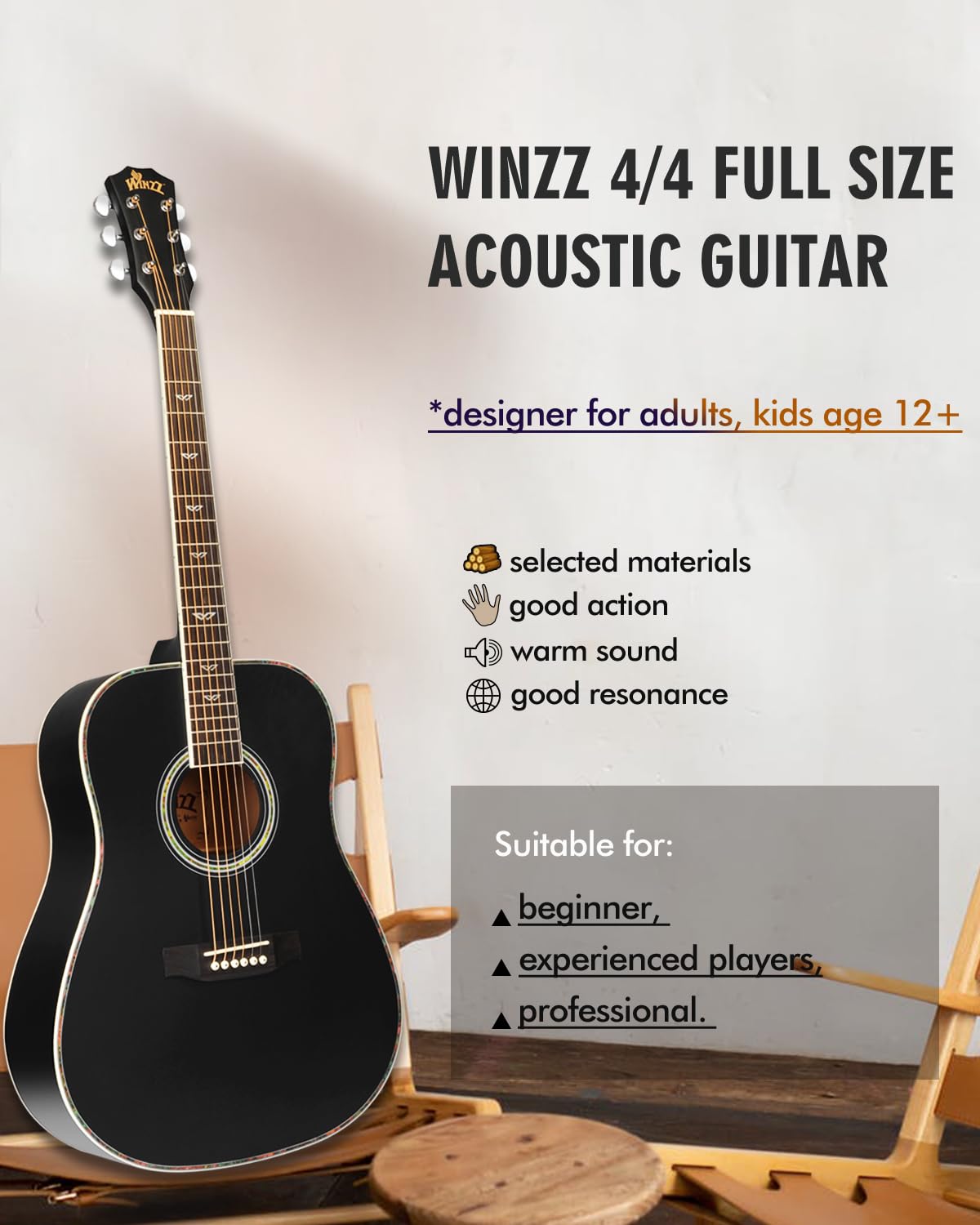Amazon | Winzz アコースティックギター フルサイズ、4/4 フォーク